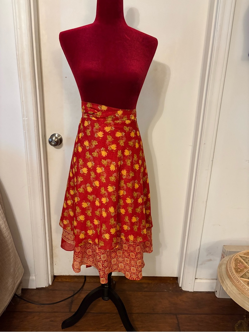 Red Floral Layered Midi Skirt